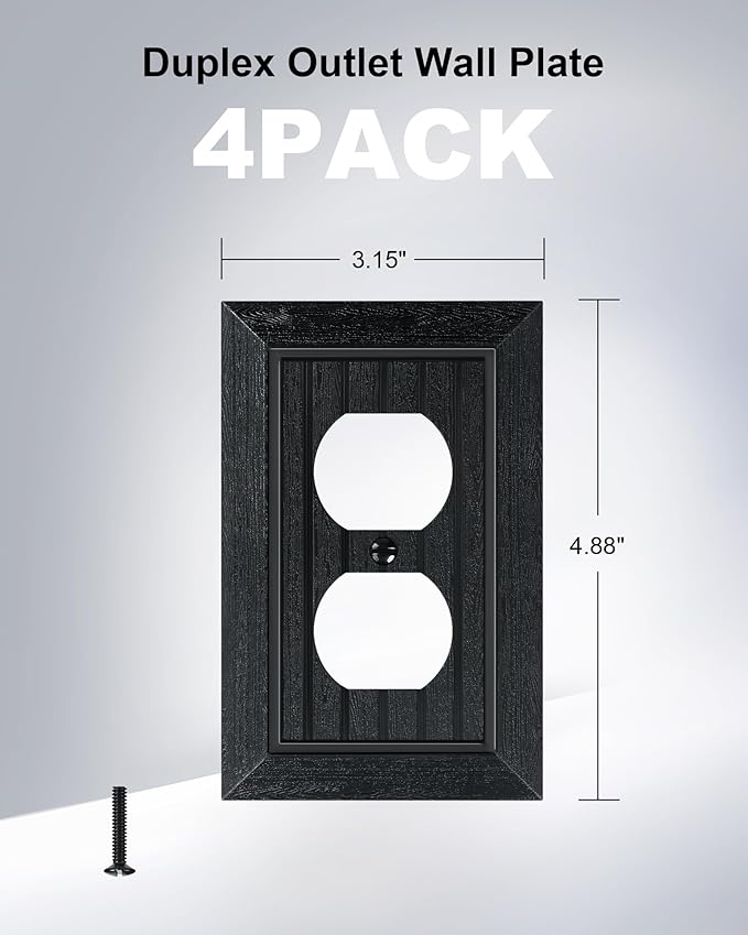 4-Pack Classic Beadboard Duplex Outlet Cover Plate, Decorative Unbreakable Polycarbonate Switch Plates and Outlet Covers, Matte Black Wall Plates for Electrical Outlets, 1 Gang Receptacle Cover