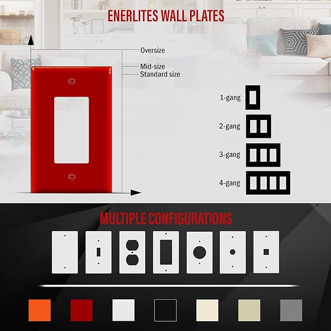 ENERLITES Decorator Light Switch or Receptacle Outlet Wall Plate, Gloss Finish, Mid-Size 1-Gang 4.88" x 3.11", Polycarbonate Thermoplastic, UL Listed, 8831M-R-10PCS, Red, 10 Pack