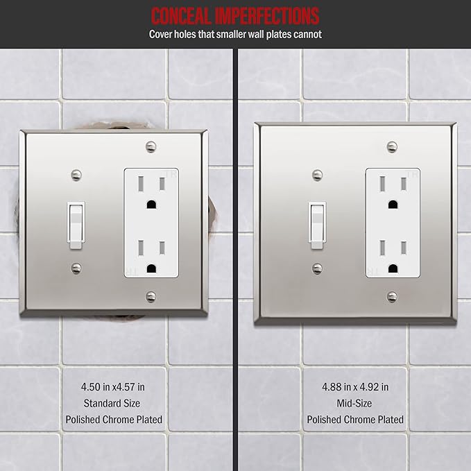 ENERLITES Combination Toggle Switch and DecoratorReceptacle Metal Wall Plate, Stainless Steel 201 Outlet Cover, Corrosion-Resistant, Mid-Size 2-Gang 4.88" x 4.92", 771131M-PC, Polished Chrome