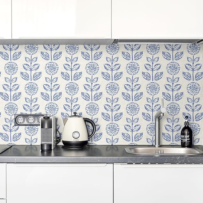 Wudnaye Blue Floral Peel and Stick Wallpaper Blue and White Contact Paper 17.7in×393.6in Vintage Floral Self Adhesive Wallpaper Navy Removable Tulip Wall Paper Waterproof for Bathroom Farmhouse Decor