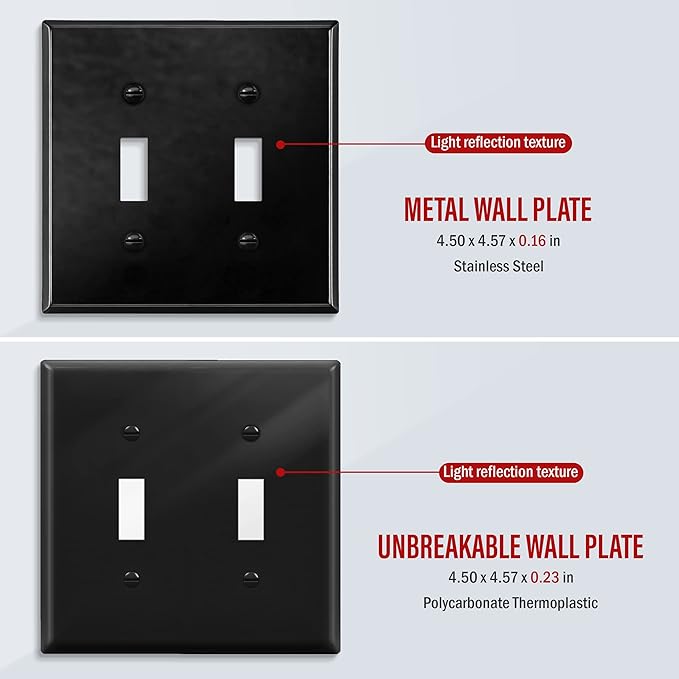 ENERLITES Double Toggle Light Switch Metal Cover Plate, Wall Plate, Corrosion Resistant, Standard Size 2-Gang 4.50" x 4.57", Powder Coated Stamped Steel, 7712-BG, Black Gloss (Pack of 1)