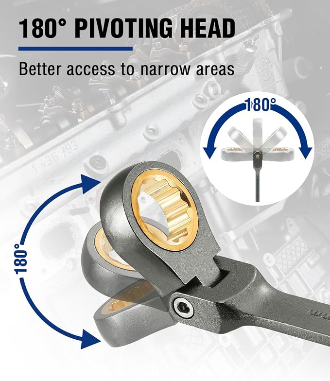WORKPRO 14 mm Flex-Head Ratcheting Combination Wrench, Nickel Plating | Cr-V Constructed, 72-Teeth, 12 Point Design, Metric, For Home Improvement, Auto Repairs, Plumbing, Constructions, Machinery