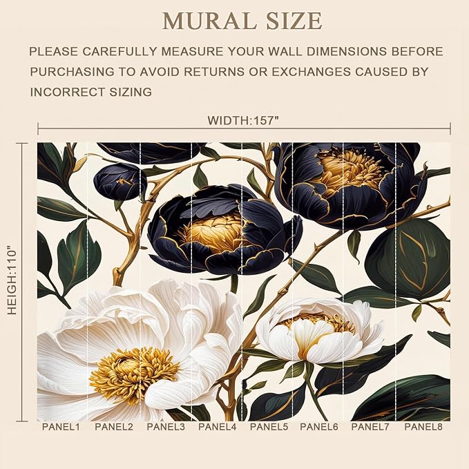 MFWFM Floral Peel and Stick Wallpaper Large Peony Botanical Wall Murals | 157"x110", for Bedroom Living Room Bathroom, Self Adhesive Canvas