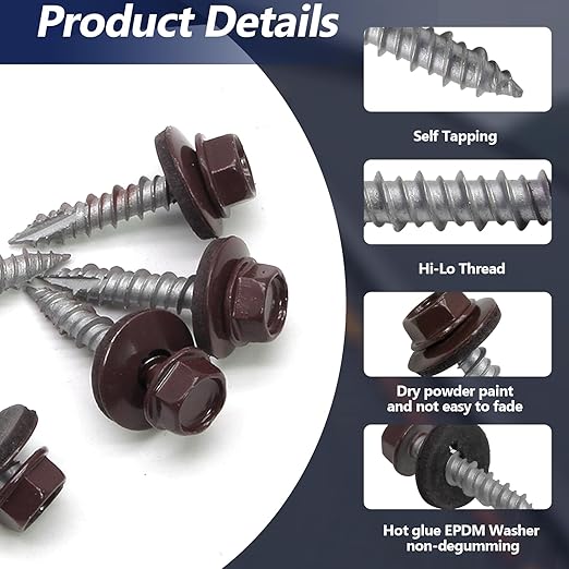 60 PCS #10×1" Metal Roofing Screws, Brown Painted Hex Head Sheet Roof Screws with EPDM Washer Self Starting Metal to Wood Siding for Corrugated Roofing