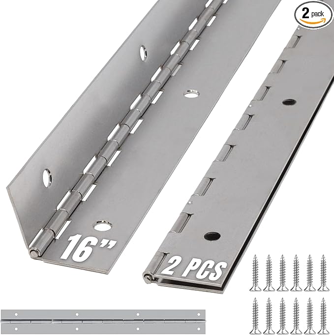 ALBO 16 Inch Silver Heavy Duty Piano Hinge Continuous Stainless Steel 304 (2-Pack), Surface Mount Cabinet Hinges Silver 16"x2" for Storage Box, Workbench, Display Case & Furniture, Rustproof