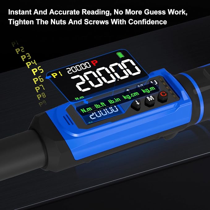 1/2" Digital Torque Wrench 2.2-147.5 Ft.lb/ 3-200 Nm， Digital Electronic Torque Wrench ±1% Accuracy, 5 Units LCD Screen with Buzzer & LED Alarm for Cars,Motorcycles,Bicycle