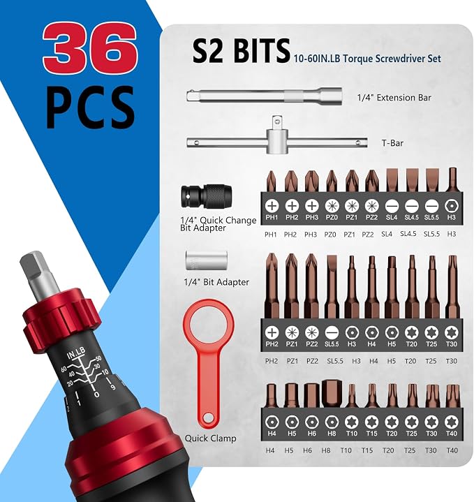 1/4" Torque Screwdriver (10-60 in-lb), 36 PCS Set for Gunsmithing | Torque Wrench Screwdriver with T-bar, Hex, Torx, and Phillips S2 Bits, for Scope and Bike Mounting, precision instruments