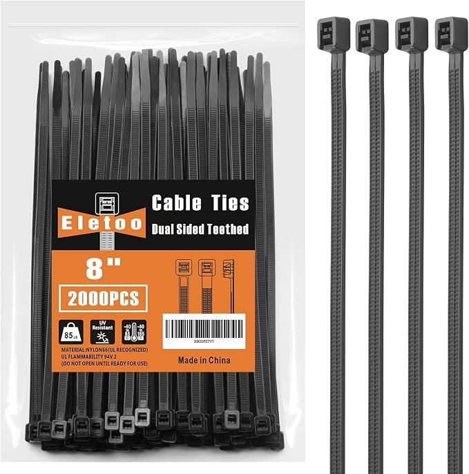 8 Inch Zip Ties 2000Pcs Black Heavy Duty Cable Ties 85 LBS Tensile Strength, Self-Locking UV Resistant for Indoor and Outdoor