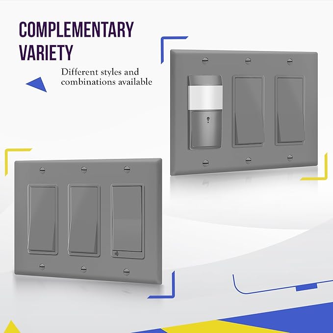 ENERLITES Decorator Wall Plate, Light Switch or Receptacle Outlet Cover, Gloss Finish, Size 3-Gang 4.50" H x 6.38" L, 8833-GY, Gray