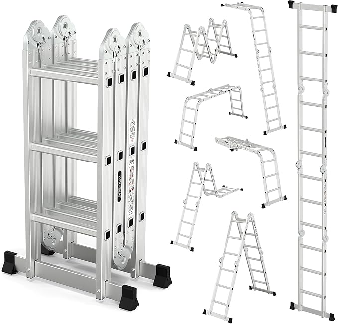 12.5 FT Folding Ladder, LUISLADDERS Multi-Purpose Ladder, Aluminium Extension Ladders 7 in 1 Heavy Duty Combination EN 131 Standard