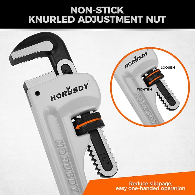 HORUSDY 10-Inch Aluminum Pipe Wrench, Heavy Duty Adjustable Plumbing Wrench for Pipe Fittings, Lightweight 250mm Gray Pipe Tool, Strong Grip & Durable Design for Home and Professional Use