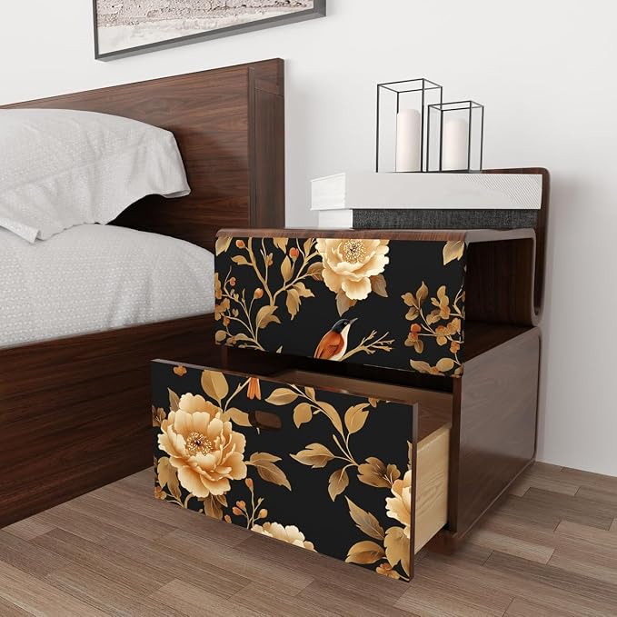 Laatse Vintage Floral Bird Wallpaper Peel and Stick Boho Wallpaper 17.5in x118in Black/Golden Floral Wall Mural Waterproof Self-Adhesive Modern Wall Paper for Bedroom Kitchen Cabinet Drawer Decor