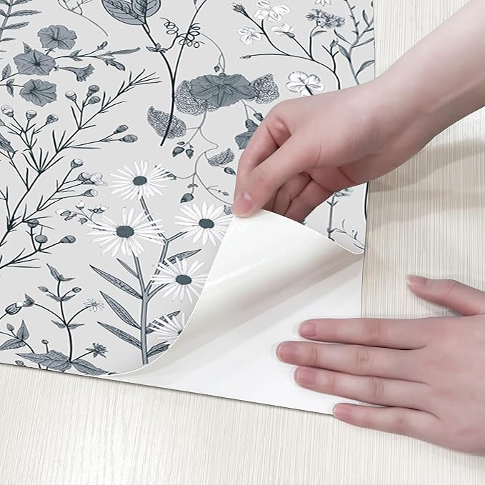 JiffDiff Floral Peel and Stick Wallpaper - Black and White Wall Paper 473" x 17.3" Farm Floral Wildwood Wallpaper Daisy Self Stick Contact Paper Negative Film