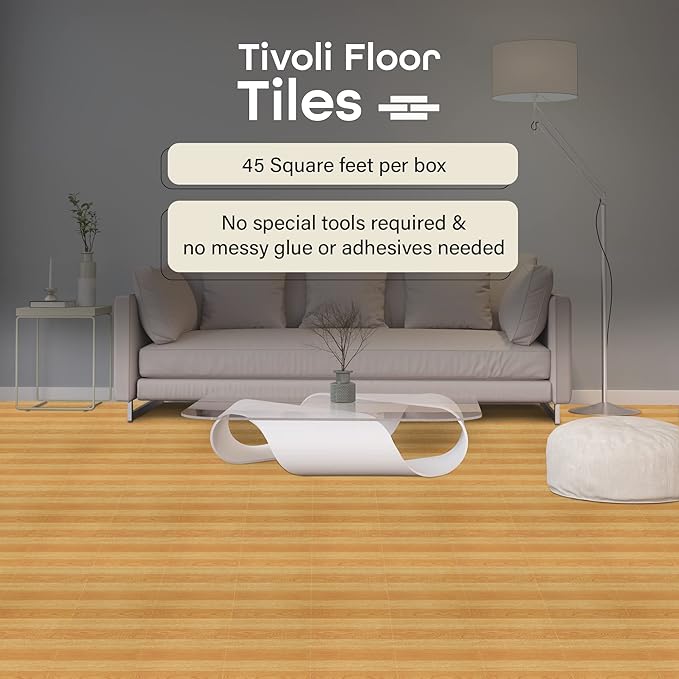Tivoli Self Adhesive Vinyl Floor Tiles, 45 Tiles - 12" x 12", Light Oak Plank-Look - Peel & Stick, DIY Flooring for Kitchen, Dining Room, Bedrooms, Basements & Bathrooms by Achim Home Decor