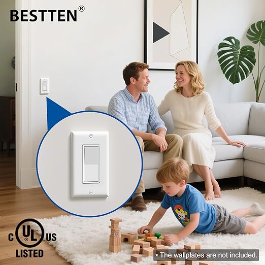 BESTTEN 60 Pack 3-Way Decorator Paddle Rocker Wall Light Switch, Single Pole or Three Way, 15A 120V/277V, On/Off Interrupter, UL Listed, White