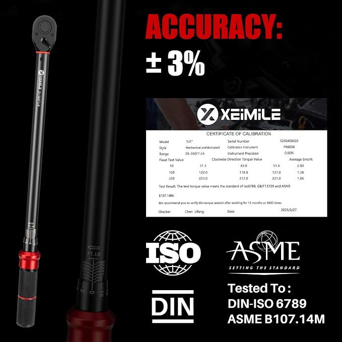 1/2-Inch Drive Click Torque Wrench-20-260 Ft-Lb for Motorcycle Car | Dual-Direction Adjustable 72 Tooth Torque Wrench(27-352.3Nm), Dual Range Scales,High 3% Precision for Truck Wheel Repair DIY