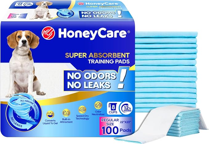 HONEY CARE All-Absorb, Large 22" x 23", 100 Count, Dog and Puppy Training Pads, Ultra Absorbent and Odor Eliminating, Leak-Proof 5-Layer Potty Training Pads with Quick-Dry Surface, Blue, A01