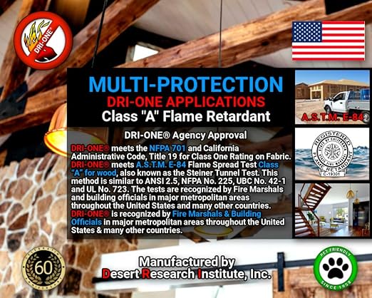 Fire Retardant Spray (Class A for Wood, Thatch and More) Eco-Safe, Non Toxic, ASTM E84, 1 Gallon Jug DRI-ONE