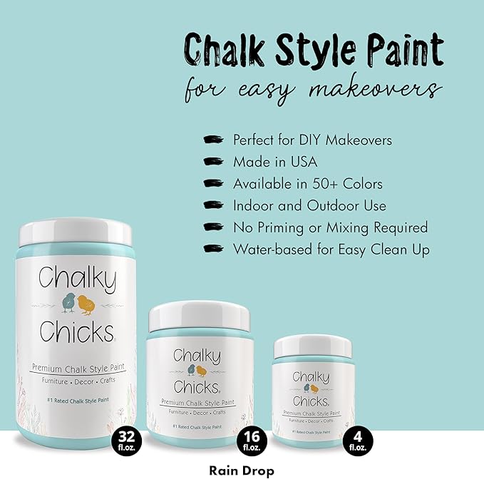 Chalky Chicks 32 Fl Oz Matte Rain Drop (Light Blue) Chalk Paint for Furniture Without Sanding, No Prep Furniture Paint No Sanding All in One for Crafts, Wood, Walls,Cabinet, Metal, Dresser, Farmhouse