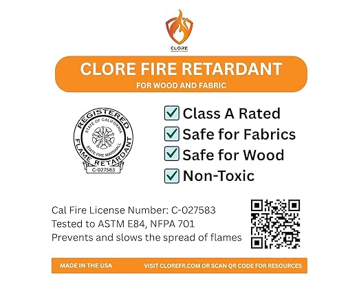 Clore Fabric & Wood Fire Retardant Spray – Class A Flame Resistant Treatment, NFPA 701 & ASTM E84, Non-Toxic Fireproofing Spray for Drapes, Lumber, Décor (1 Gallon Jug & Spray Bottle)
