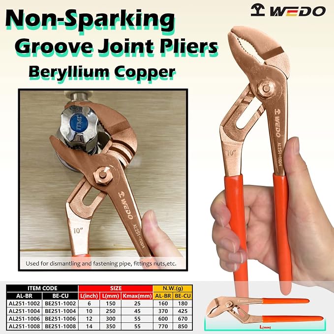 WEDO 14" Groove Joint Pliers,Tongue-and-Groove Pliers,Beryllium Copper,Non-magnetic,Length 350mm,Max jaw opening 55mm,DIN Standard, BAM & FM Certificate