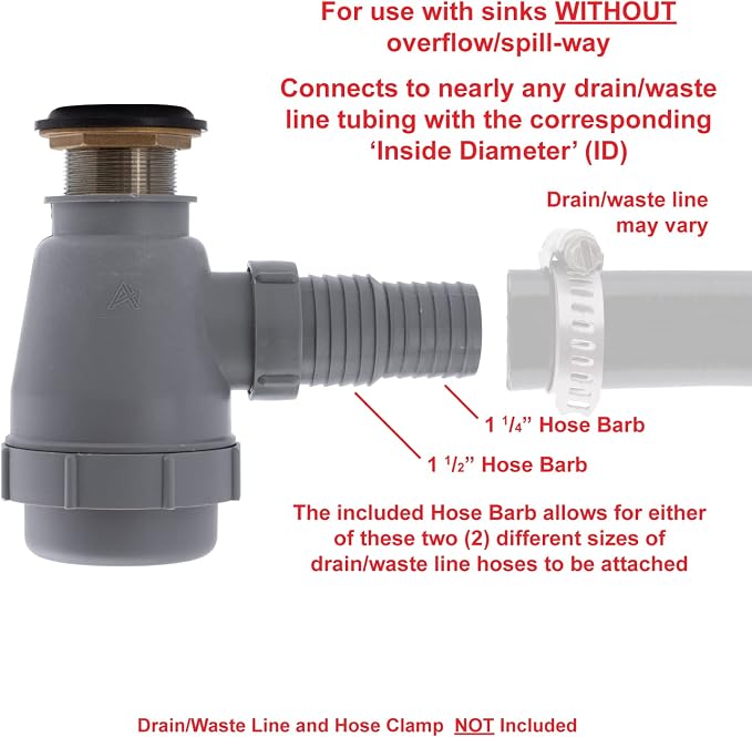 Ambassador Marine - 1-1/2 inch Drain, Flip Trap Sink Drain - no Overflow, 1-1/4 inch & 1-1/2 inch Hose Barb - Chrome - S01-0309-CP-W