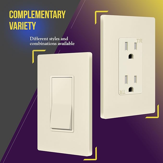 ENERLITES Screwless Decorator Wall Plates Child Safe Outlet Covers, Size 1-Gang 4.68" H x 2.93” L, Unbreakable Polycarbonate Thermoplastic, SI8831-LA, Glossy, Light Almond