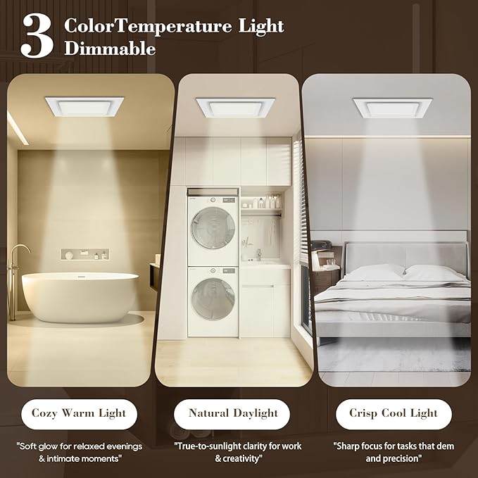 12" Ultra Quiet Bathroom Exhaust Fan with 6500K LED Light, 1.0 Sone 120 CFM, 10x10 Mount, 1500 LM Ceiling Ventilation Fan, Energy Efficient (3500K LED-C)
