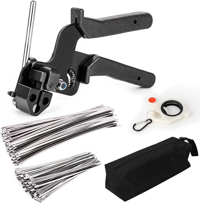 Metal Zip Ties Gun Set, 200Pcs Stainless Steel Cable Ties, Black | Heavy Duty Stainless Steel Cable Tie Gun Kit with 8 inch & 12 Inch Zip Ties for Chain Link Fence, Chicken Coop, Exhaust Pipes