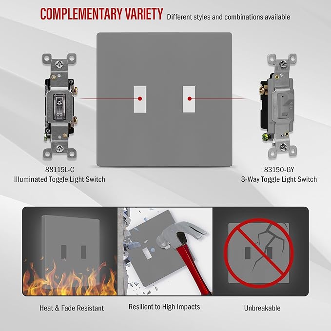 ENERLITES Screwless Double Toggle Switch Wall Plate, Child Safe Dual Light Switch Cover, Standard Size 2-Gang 4.68" x 4.73", Unbreakable Polycarbonate Thermoplastic, UL Listed, SI8812-GY, Glossy, Gray