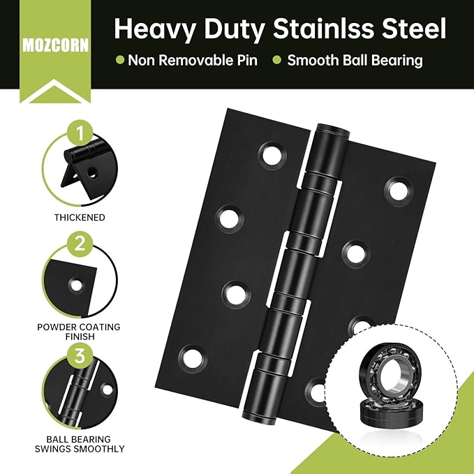 6-Pack Black Door Hinges, 4 Inch Heavy Duty Stainless Steel Hinge for Interior Exterior Doors, Max Loading 150LB, Matte Black Ball Bearing Hinges with Screws, Smooth and Quiet