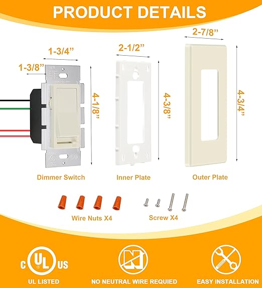CLOUDY BAY in Wall Dimmer Switch for LED Light/CFL/Incandescent,3-Way Single Pole Dimmable Slide,600W max Incandescent,150W max Dimmable LED/CFL, Cover Plate Included,Almond,2 Pack