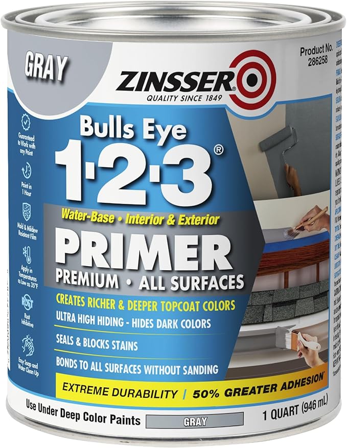 Zinsser 286258 Bulls Eye 1-2-3 All Surface Primer, Quart, Gray