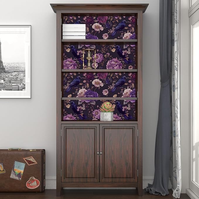 Gothic Dark Purple Crow Floral Wallpaper Peel and Stick 17.5"x118" | Self Adhesive/Removable/Waterproof/Thick Vinyl Vintage Contact Paper for Bathroom Bedroom Shelf Cabinet Drawer,Prepasted