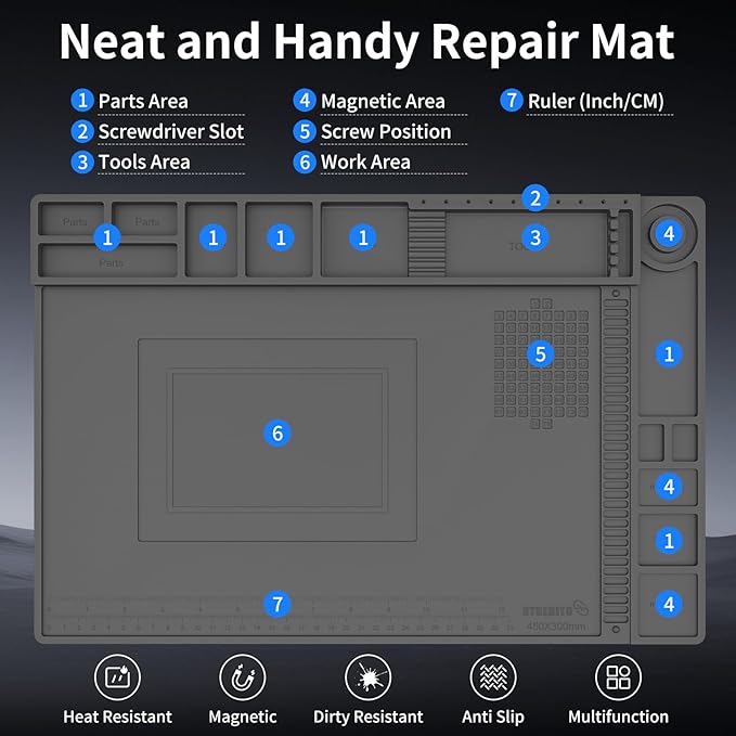 STREBITO Soldering Mat Electronics Repair Mat, Solder Pad Heat Resistant 932°F, Magnetic Work Mat Silicone Pad for Soldering, Computer, Laptop, Cell Phone, RC, Watch, Gun, Size 17.7" x 11.8" (Grey)