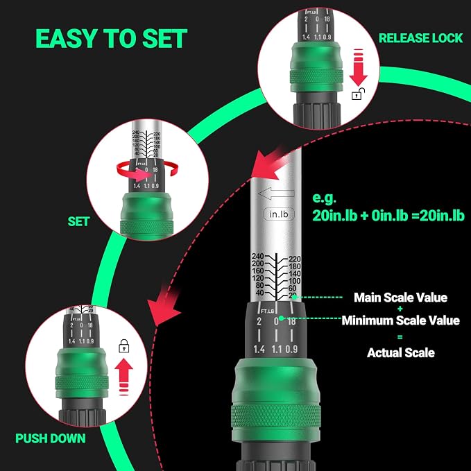 1/4" Drive Click Torque Wrench, 20-240 in.lb/2.3-27 Nm, Dual-Direction Adjustable 72 Tooth Ratchet, ±3% Accuracy Small Torque Wrench for Bike and Motorcycle