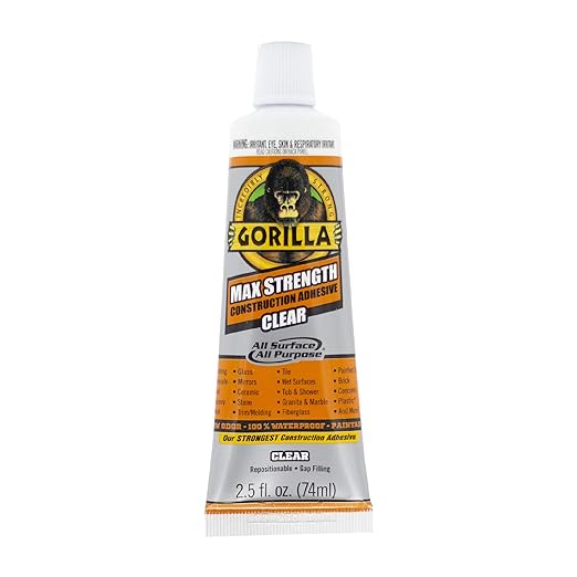 Gorilla Max Strength Construction Adhesive, Clear Glue, 2.5 Ounce Squeeze Tube (Pack of 2) - Gap Filling and Waterproof