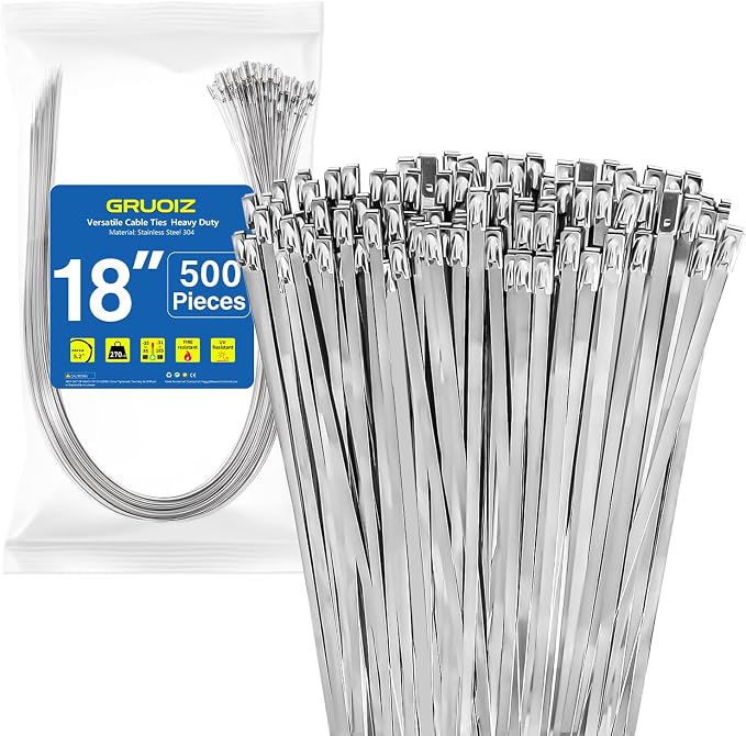 500Pack Stainless Steel Cable Zip Ties 18 inch 304 Metal Cable Ties with 270lbs Tensile Strength Heavy Duty Zip Ties for Farms Pipes Roofs Workshop Outdoor Fence Use