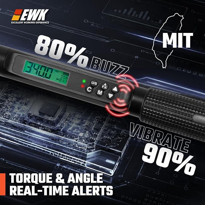 1/2" Drive Digital Angle Torque Wrench 12.5-250 ft-lbs (17-340 Nm) | ISO 6789, ±1.5% clockwise / ±2.5% counterclockwise/ ±2% Angle, LCD Display, LED Buzzer Vibration Alert, 30 Memory Values