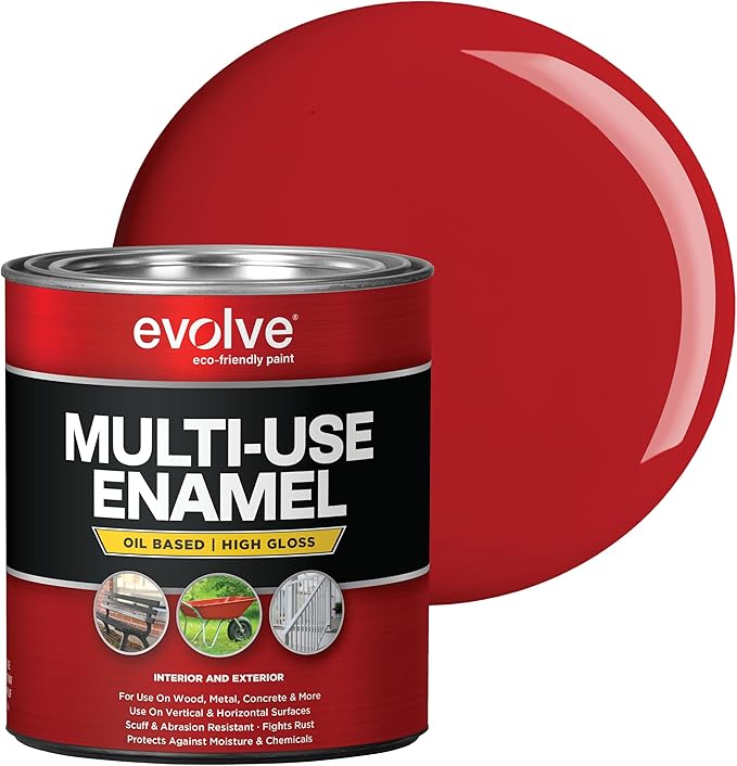 EVOLVE Multi-Purpose Alkyd Enamel – Interior Exterior Oil-Based Paint for Wood, Metal, Concrete, & Masonry, High-Gloss, Rust & Abrasion Resistant (Safety Red, 1 Quart)