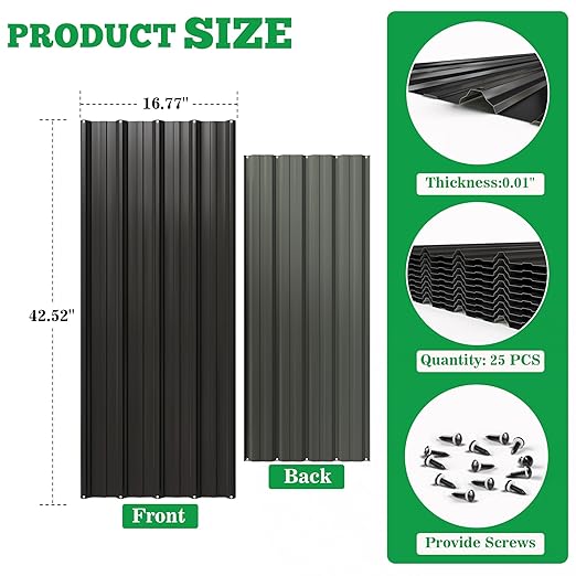 20pcs Metal Roofing Panels, 42.52'' L ×17.72'' W 102.25 ft² Corrugated Metal Sheets, Galvanized Steel Roof Fence Panels for Mobile Homes, Garages, Chicken Coop, Sheds, Stables, Patio, Black
