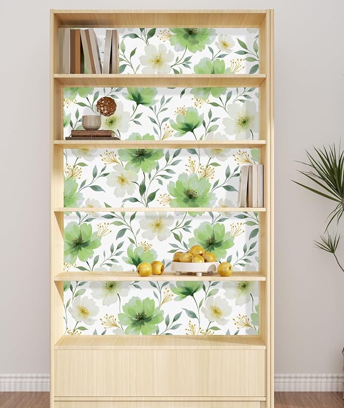 ILHIIOR White Floral Peel and Stick Wallpaper Boho Leaf Contact Paper Green Flower Removable Self Adhesive Waterproof Wall Paper for Cabinet Drawers Wall Decor Renter Friendly 17.5''x118''