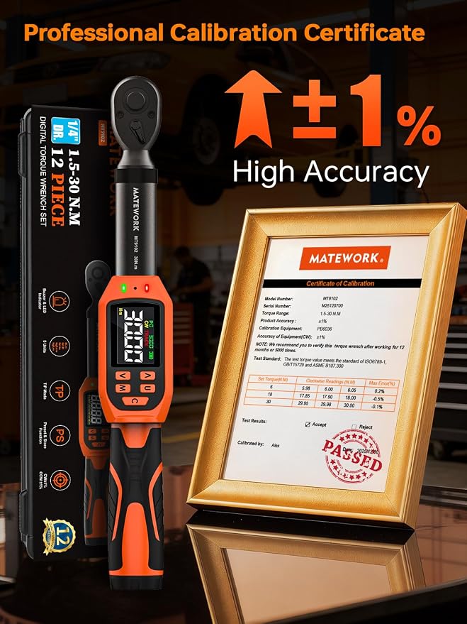 Matework 1/4 Torque Wrench Digital, (13.5-265 In-Lb/1.5-30 Nm), 12Pcs Inch Pound Digital Torque Wrench Set with Buzzer & LED Indicator, ±1% Accuracy, Sockets & Adapters for for Bike Moto Gunsmithing