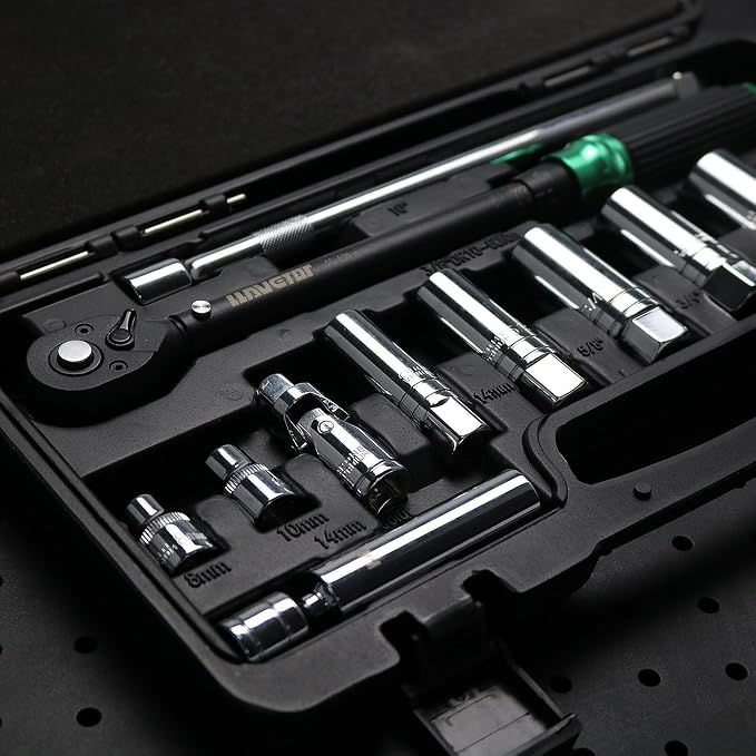 14PCS 3/8 Drive Torque Wrench 5-45ft.lb, Magnetic Spark Plug Socket Set with 3/8" Universal Joint & 10" Extension Rod, Cr-V Steel Swivel Sockets for Automotive Tools