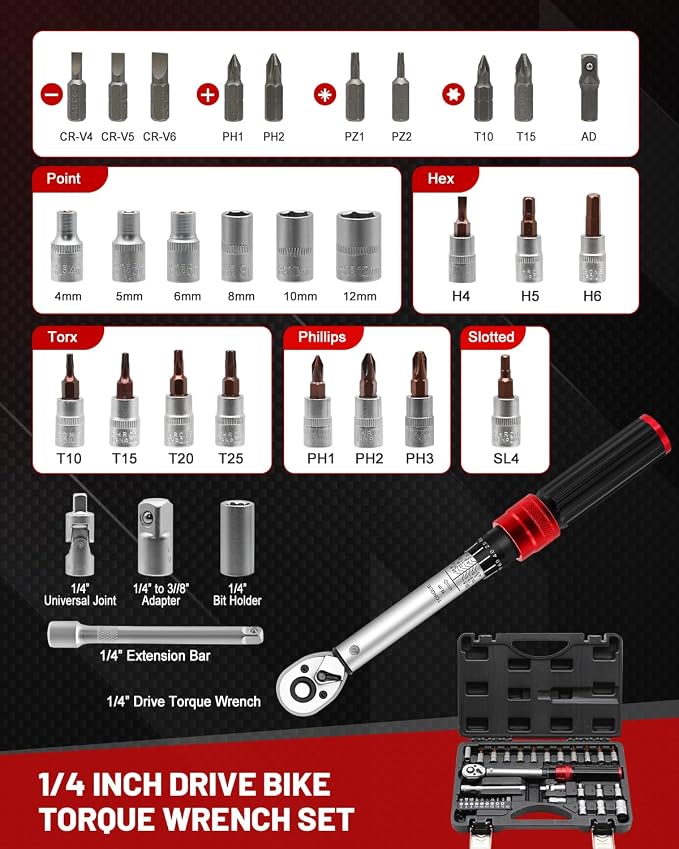 1/4inch Drive Torque Wrench Set, 32-Piece 20-220 in.lb (2.3-25 Nm) Click Bicycle Torque Wrench with Bit Sockets, 0.1 Nm Micro, 72-Tooth Ratchet, 3/8 Adapter, for MTB, E-Bike, Motorcycle