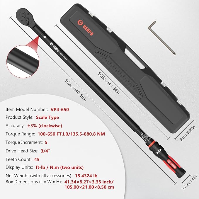 VANPO Torque Wrench 3/4-Inch Drive 100-650 Ft-Lb for Truck, ±3% Accuracy | Click Style, Quick-Release Ratchet Head, Heavy Duty for Heavy Equipment & Industrial, 40 CR, TPR+ABS Handle, 45-Tooth