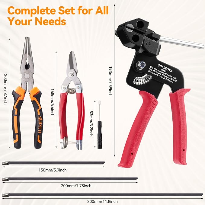 Heavy Steel Cable Tie Gun Tool Set, 2026 Upgraded Stainless Steel Cable Tie Gun with 200pcs Uv Resistant Black Metal Zip Ties Heavy Duty Outdoor Fastening & Cutting for Chain Link Fence, Exhaust Pipe