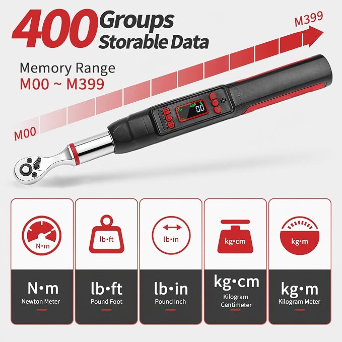 1/4" Digital Torque Wrench Set, 0.74-48 Ft-Lb(1-65Nm), ±2% CW Accuracy, Peak & Track Mode, Backlit LCD, 4" Extension Bar, Adapter, Universal Joint, Sockets Bits for Bicycle Motorcycle Auto DIY Repair