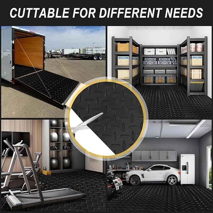 3mm Diamond-Plate Rubber Flooring Roll - Easy to Cut Waterproof Anti-Slip Mat, Heavy Duty Floor Protection for Garage, Gym, Stable, Basement, Kennel, 4' x 14'