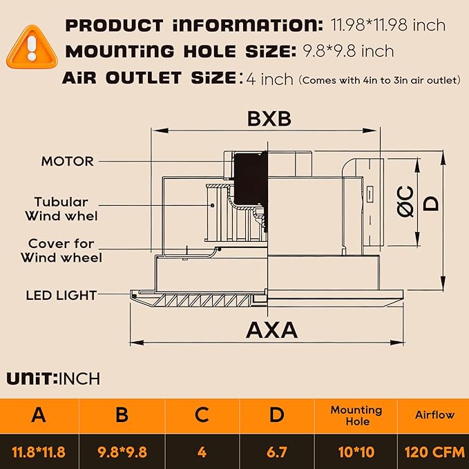 12" Ultra Quiet Bathroom Exhaust Fan with 6500K LED Light, 1.0 Sone 120 CFM, 10x10 Mount, 1500 LM Ceiling Ventilation Fan, Energy Efficient (6500K-B)